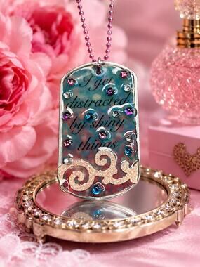 Dog Tag Resin Necklace “I Get Distracted by Shiny Things” Pink Glitter Handmade